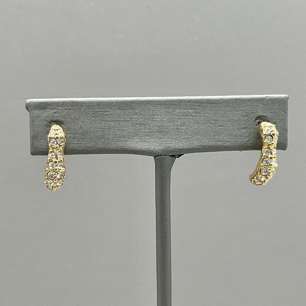Swarovski Earrings Gold Tone Crystal Curved Half Hoop Stud Pierced Sparkle - Picture 3 of 9